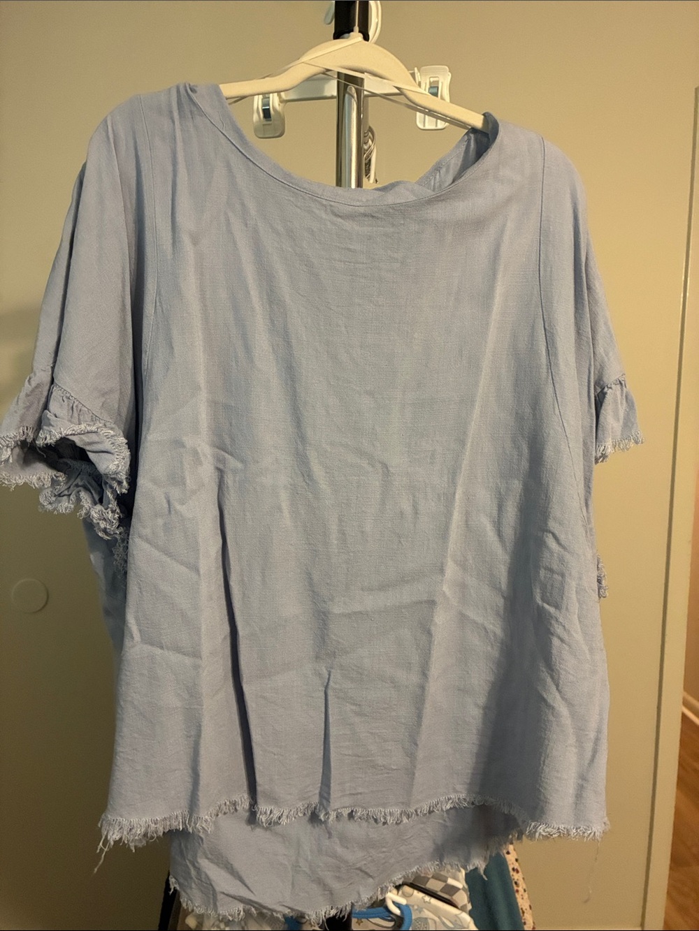 Umgee Light Blue Frayed Sleeve & Hem Tunic Top